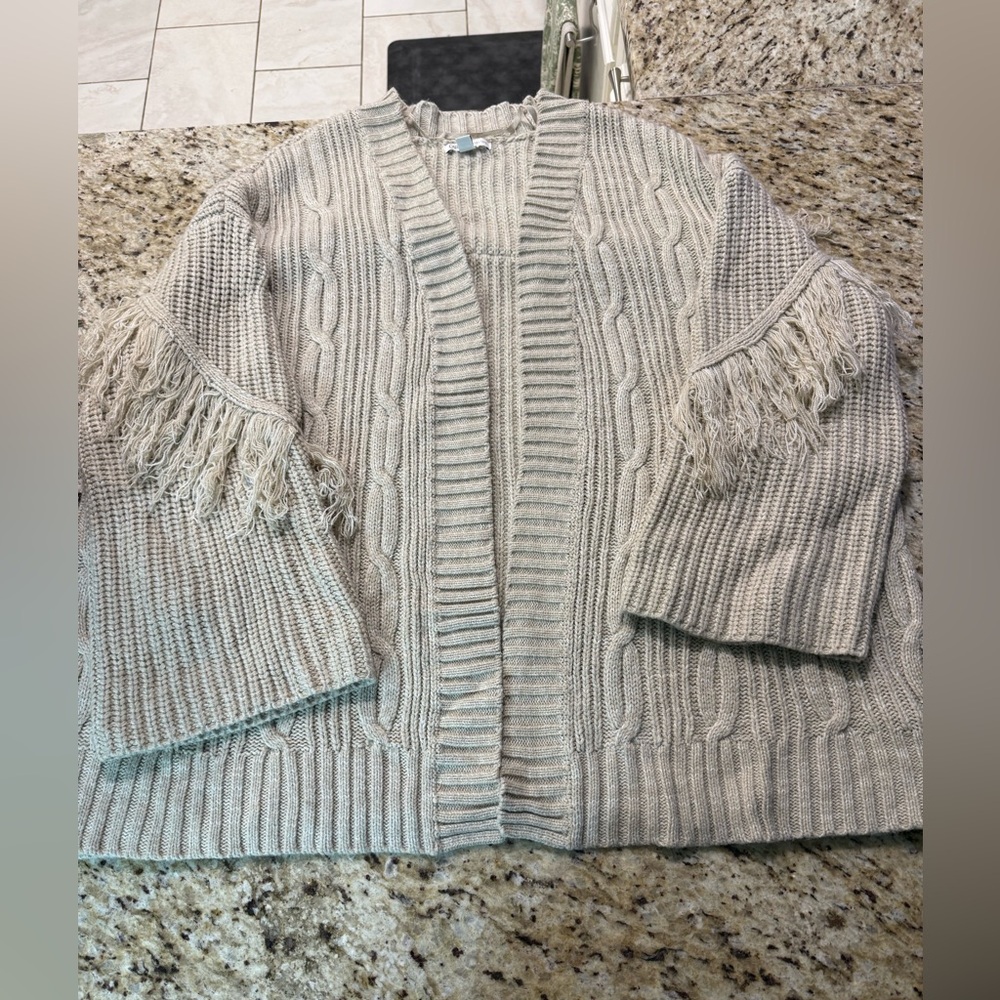 Cato Boho Beige Chunky Cable Knit Open Front Cardigan Sweater w Fringe 22W 24W - Picture 3 of 9